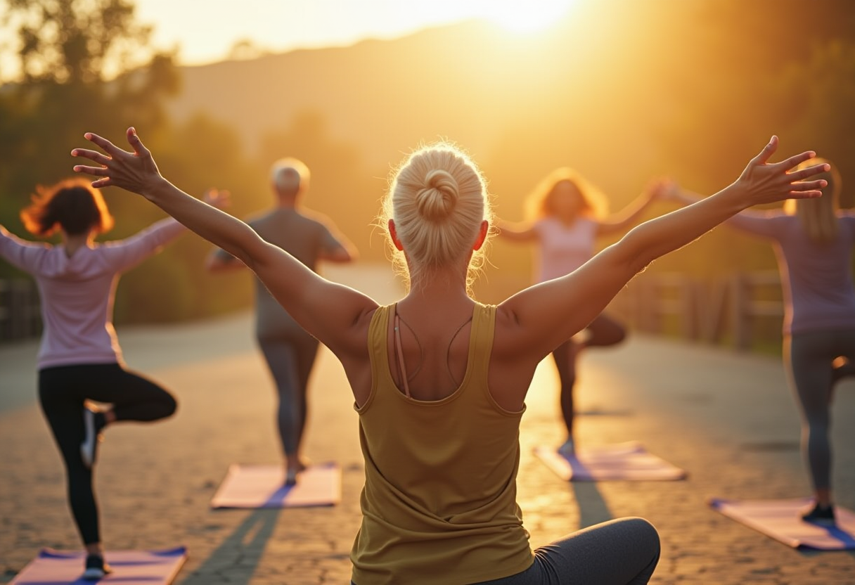 Група людей старшого віку виконує творчі йога-вправи в затишній студії з природним освітленням